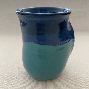 2005 Neher Clay In Motion Hand Warmer Pottery Mug Right Handed Signed Blue Green